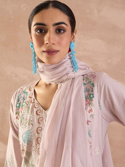 Floral Embroidered Regular Thread Work Pure Cotton Kurta With Trousers & Dupatta