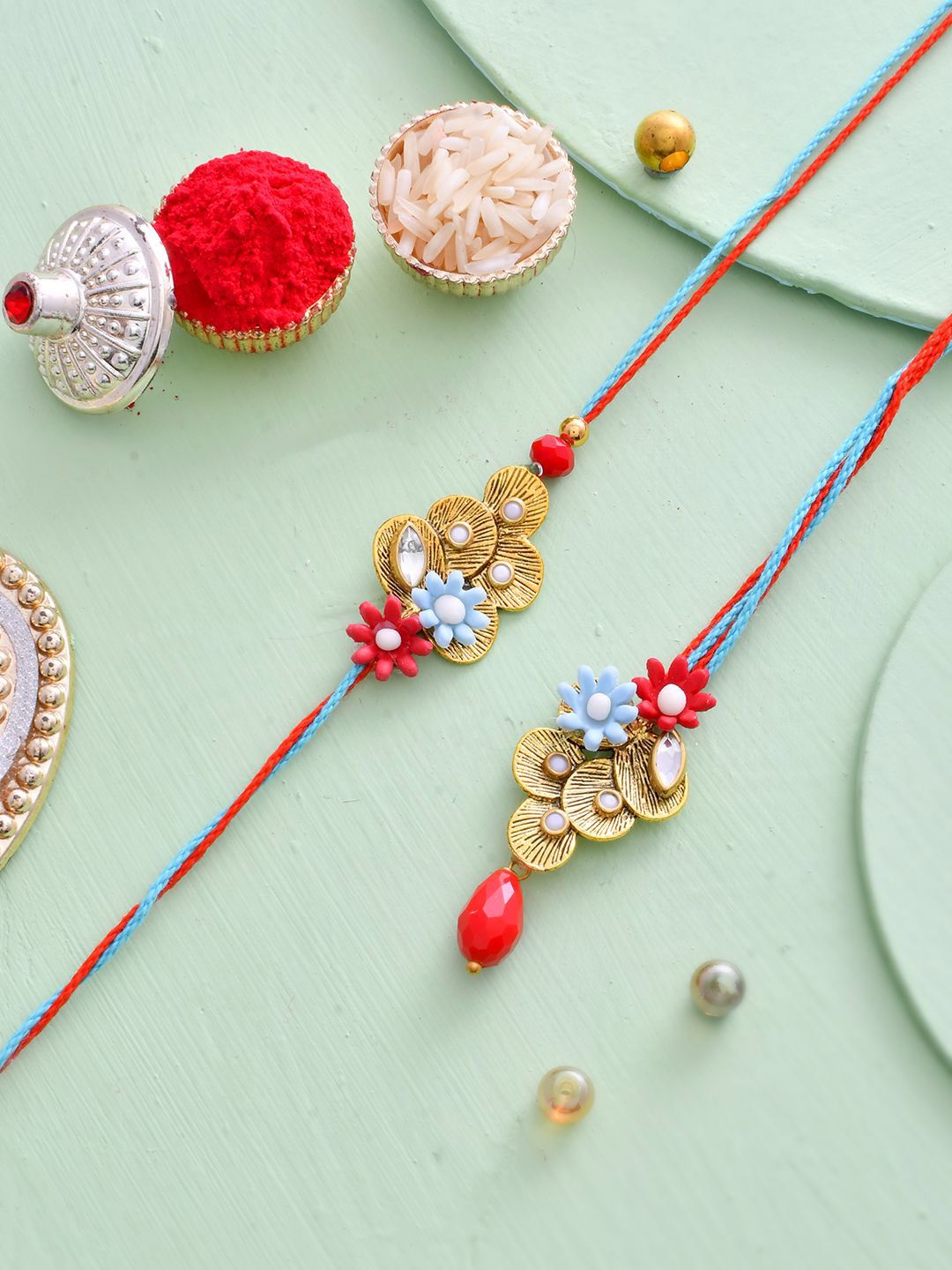 Anouk Green Stone-Studded & Beaded Bhaiya Bhabhi Thread Rakhi
