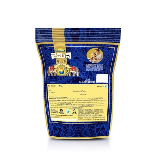 Tata Tea Gemini Strong Assam Black Tea Powder in a package, showcasing rich, dark tea leaves for brewing a robust cup.