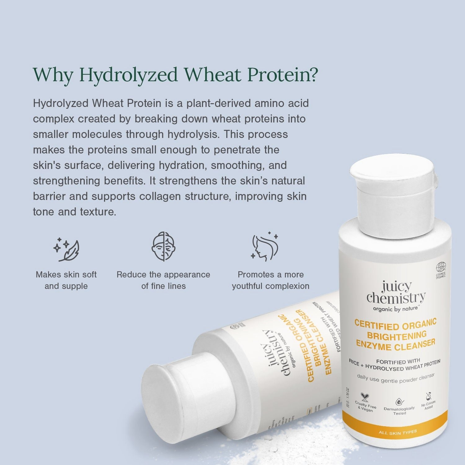 Juicy Chemistry brightening enzyme cleanser in a clear bottle with a pump dispenser, showcasing its natural, organic skincare formula.