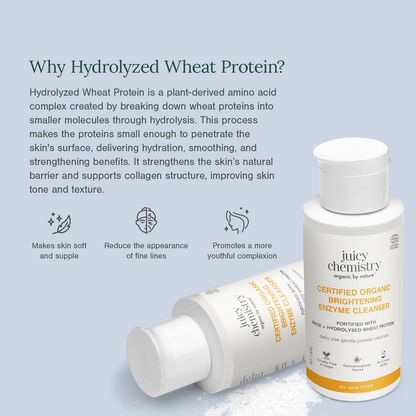 Juicy Chemistry brightening enzyme cleanser in a clear bottle with a pump dispenser, showcasing its natural, organic skincare formula.