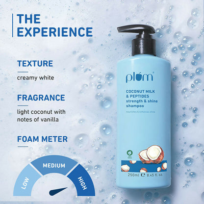 Plum Coconut Milk & Peptides Shampoo for soft, shiny hair, featuring a bottle with a white and purple label and coconut imagery.