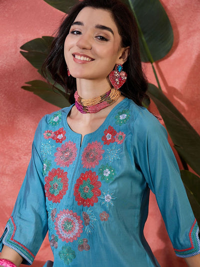 Indyancart SN Women's Floral Yoke Design Notch Neck Sequinned Straight Kurta With Trouser