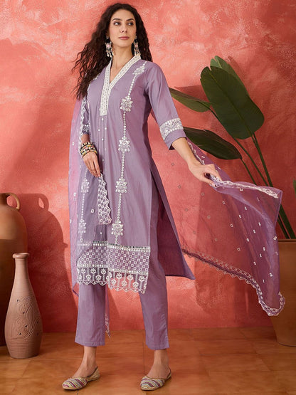 Indyancart SN Women's Floral Embroidered V-Neck Mirror Work Pure Cotton Kurta With Trouser & Dupatta