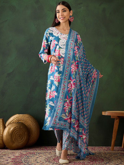 Indyancart SN Women's Floral Embroidered Pure Cotton Straight Kurta With Trouser & Dupatta