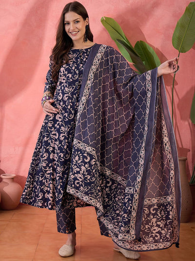 Indyancart SN Women's Floral Printed Pure Cotton Anarkali Kurta With Trouser And Dupatta