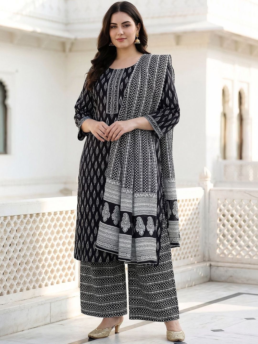 Indyancart Women's Ethnic Motifs Printed Mirror Work Pure Cotton Kurta with Palazzos & With Dupatta