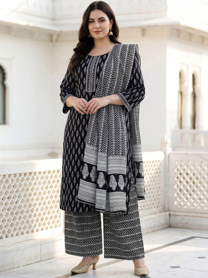 Indyancart Women's Ethnic Motifs Printed Mirror Work Pure Cotton Kurta with Palazzos & With Dupatta