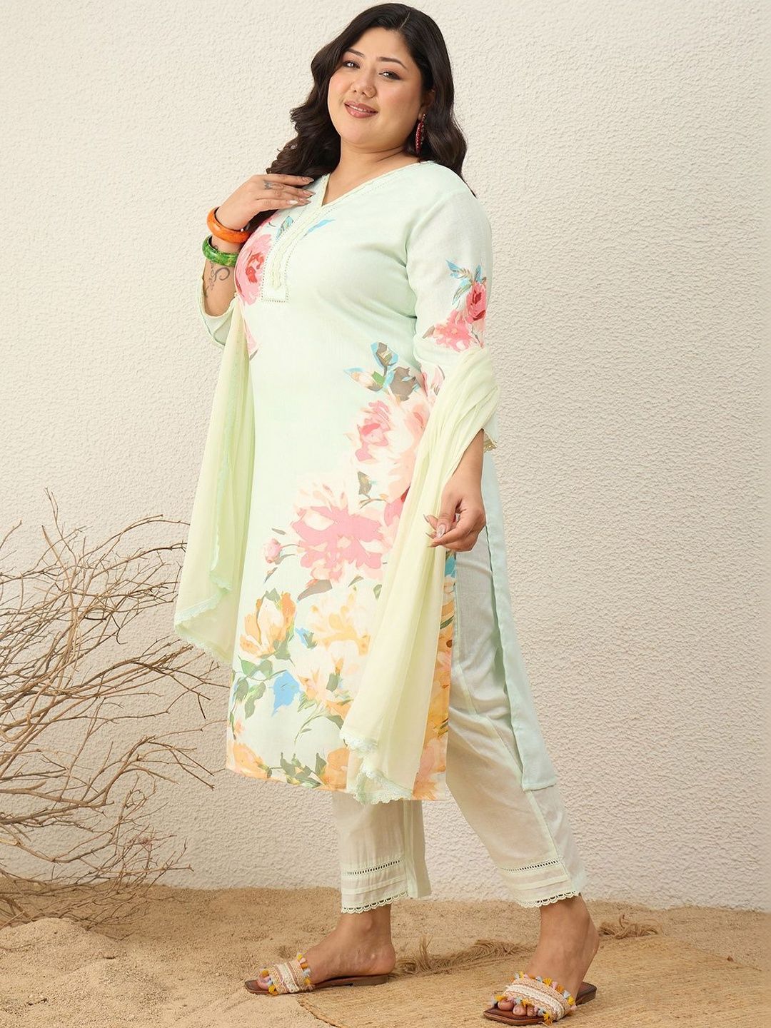 Indyancart Women's Floral Printed Regular Kurta with Trousers & With Dupatta