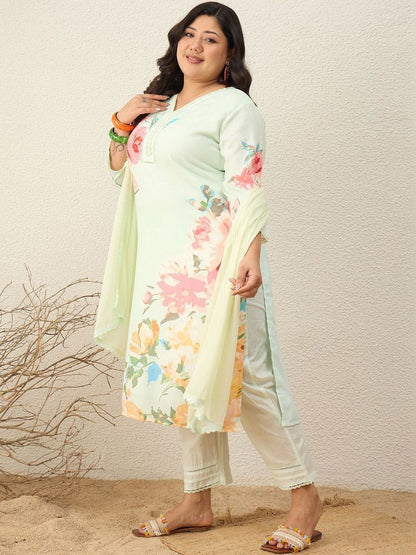 Indyancart Women's Floral Printed Regular Kurta with Trousers & With Dupatta