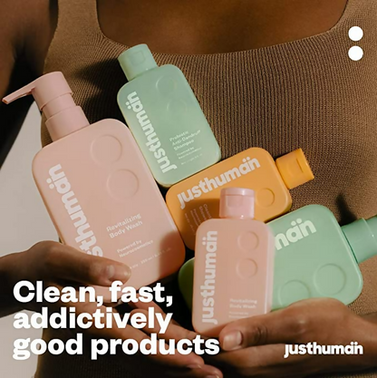 JustHuman Probiotic Anti-Dandruff Shampoo bottle featuring a sleek design and label, ideal for nourishing scalp health.