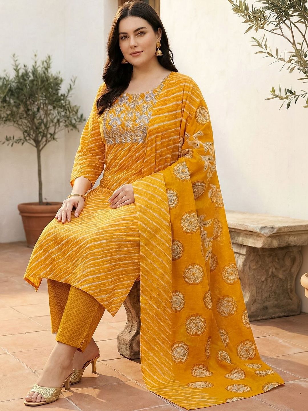 Indyancart Women's Ethnic Motifs Striped Regular Thread Work Pure Cotton Kurta with Trousers & With Dupatta