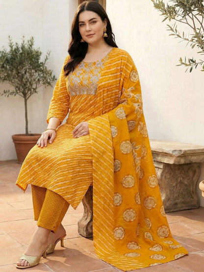 Indyancart Women's Ethnic Motifs Striped Regular Thread Work Pure Cotton Kurta with Trousers & With Dupatta