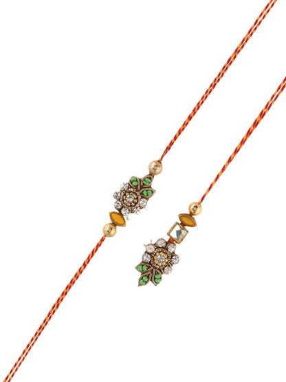 Anouk Kundan Studded Floral Bhaiya Bhabhi Thread Rakhi With Roli Chawal & Greetings Card