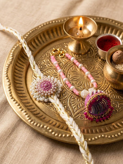 Anouk Set Of 2 Floral Perals Jhumka Design Bhaiya Bhabhi Rakhi With Roli Chawal Chandan