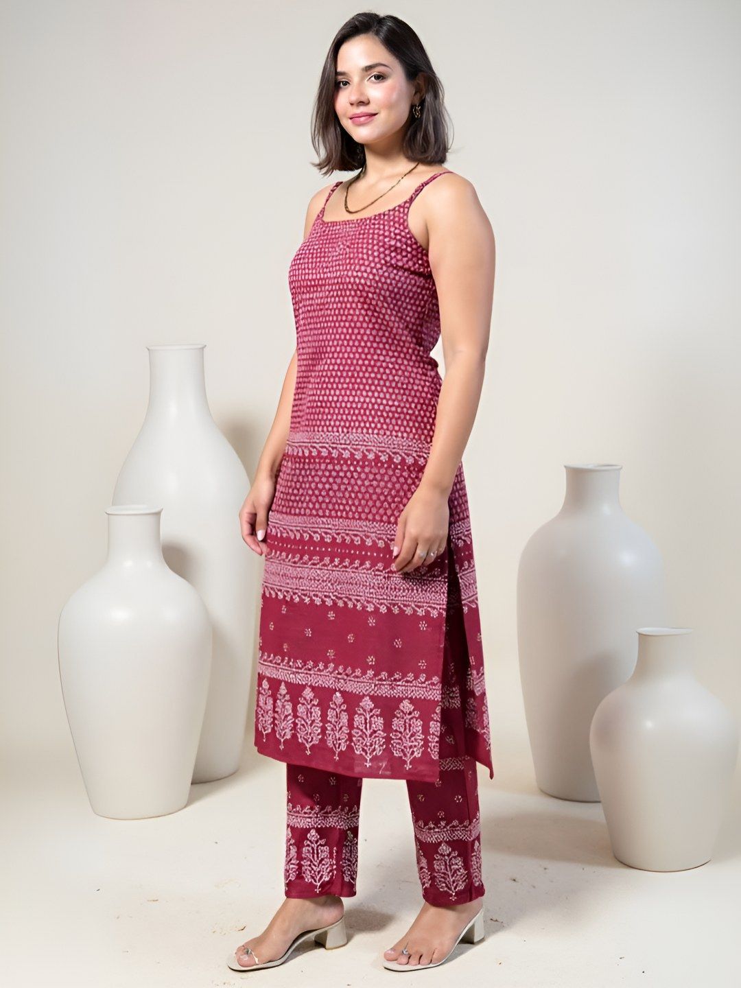 Indyancart IE FloralPrinted Straight Tunic & Trouser Pure Cotton Co-Ords Set