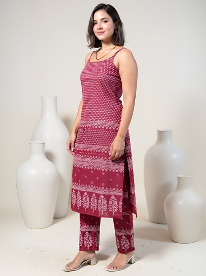 Indyancart IE FloralPrinted Straight Tunic & Trouser Pure Cotton Co-Ords Set
