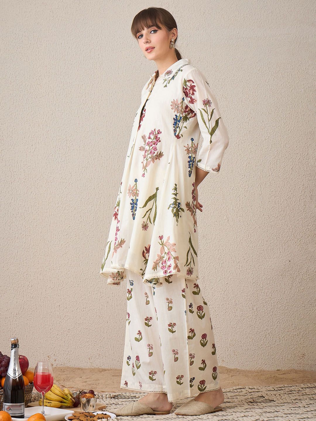 Floral Printed Pure Cotton Shirt Collar A-Line Kurta With Palazzos
