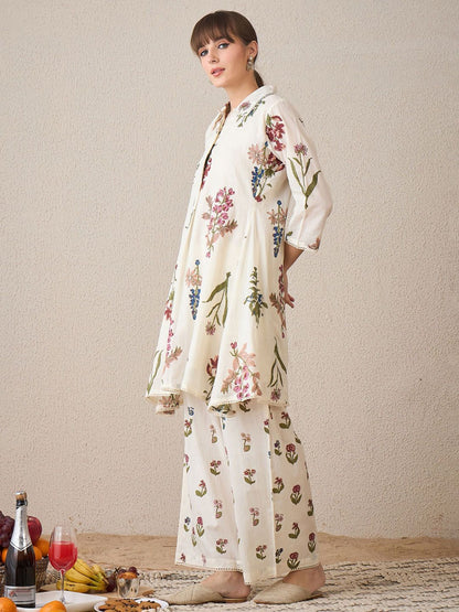Floral Printed Pure Cotton Shirt Collar A-Line Kurta With Palazzos