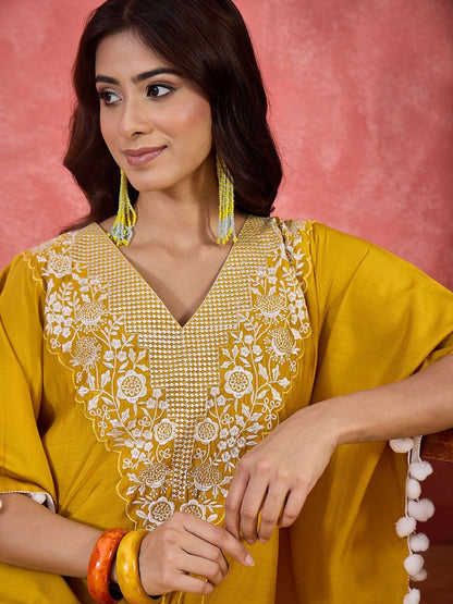 Indyancart SN Women's Embroidered V-Neck Mirror Work Kaftan With Trousers