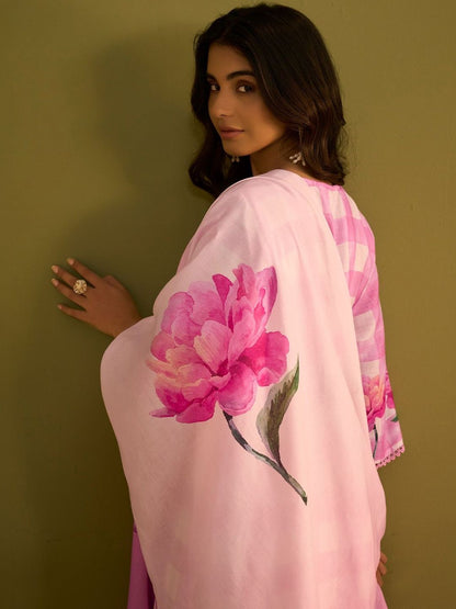 Women Floral Printed Regular Thread Work Linen Kurta with Trousers & With Dupatta