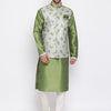 Men's Green Cotton Silk Straight Jacket  Kurta and Pyjama Set
