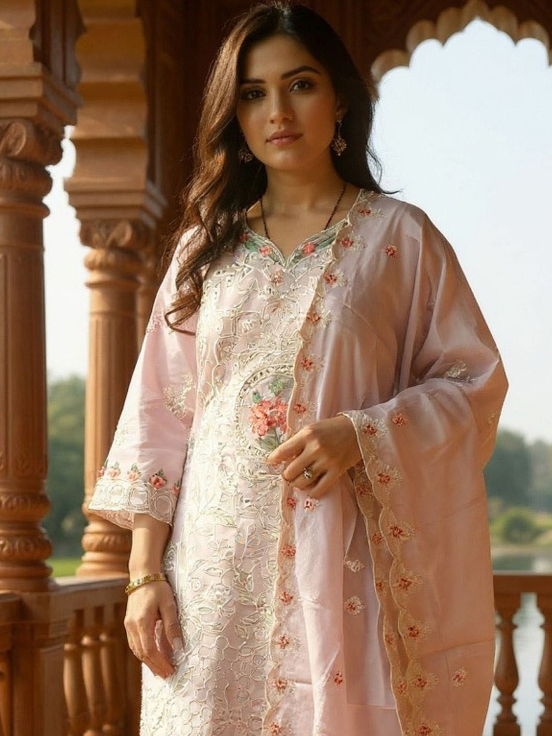 Embroidered V-Neck Thread Work Pure Cotton Straight Kurta With Trousers & Dupatta