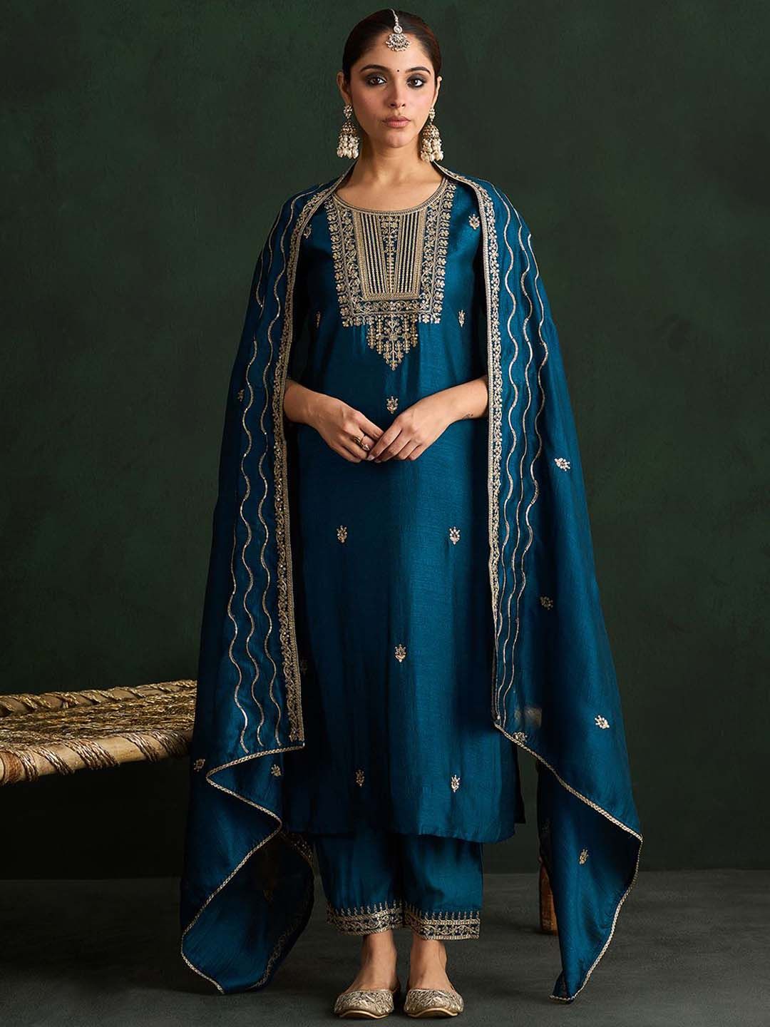 Indyancart IE Ethnic Motifs Embroidered Straight Kurta with Trousers & With Dupatta