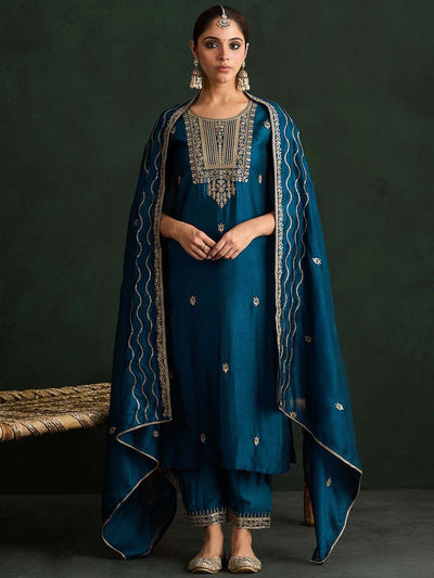 Indyancart IE Ethnic Motifs Embroidered Straight Kurta with Trousers & With Dupatta