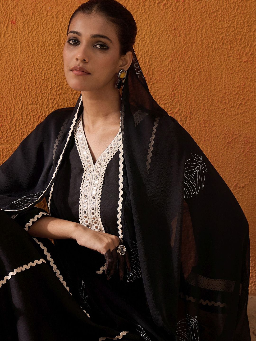 Dhiyona IE Black Floral Embroidered Mirror Work Straight Kurta With Trousers & Dupatta