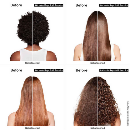 L'Oreal Professionnel Absolut Repair hair mask, rinse-off serum, and leave-in mask for damaged hair, in a salon-style setting.