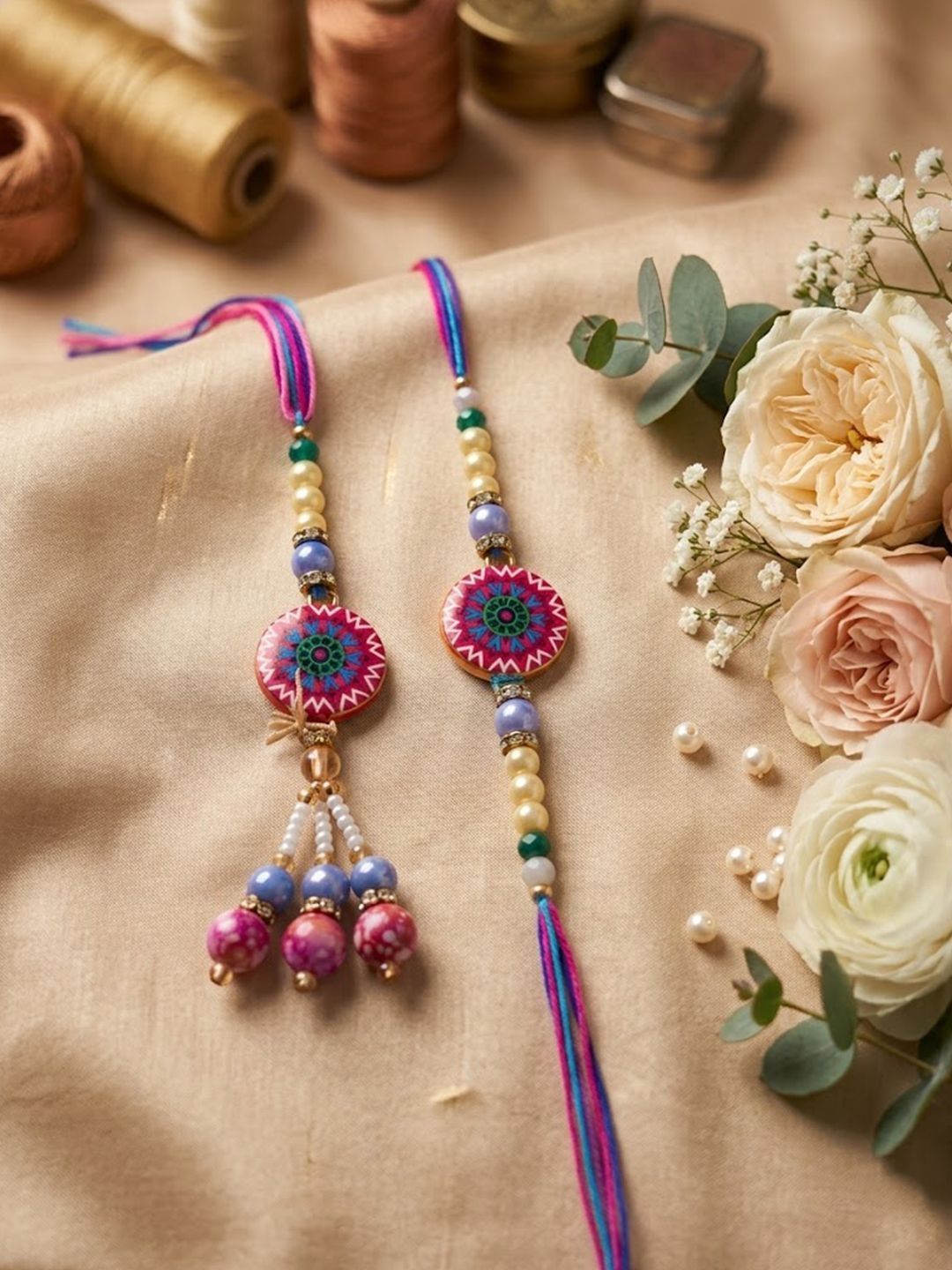 Anouk Set Of 2 Artificial Stones & Beads Floral Design Bhaiya Bhabhi Rakhi