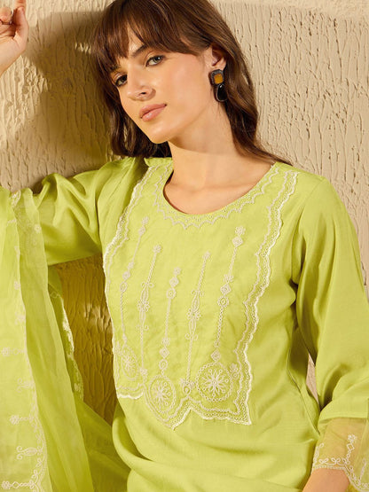 Indyancart IE Women Ethnic Motifs Embroidered Regular Aari Work Liva Kurta with Trousers & With Dupatta
