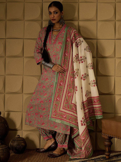 Indyancart IE Floral Printed Pure Cotton Straight Kurta with Salwar & Dupatta