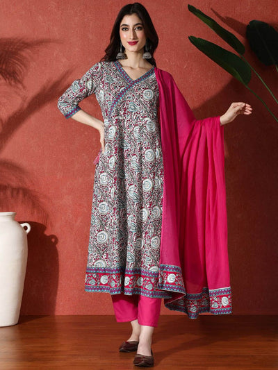 Indyancart SN Women's Paisley Printed & Embroidered Pure Cotton A-Line Kurta & Trousers With Dupatta