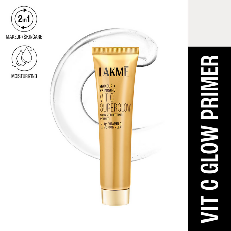 Lakme Vitamin C Superglow face primer with 1% vitamin C, smooth texture and brightening finish, shown in a sleek tube.