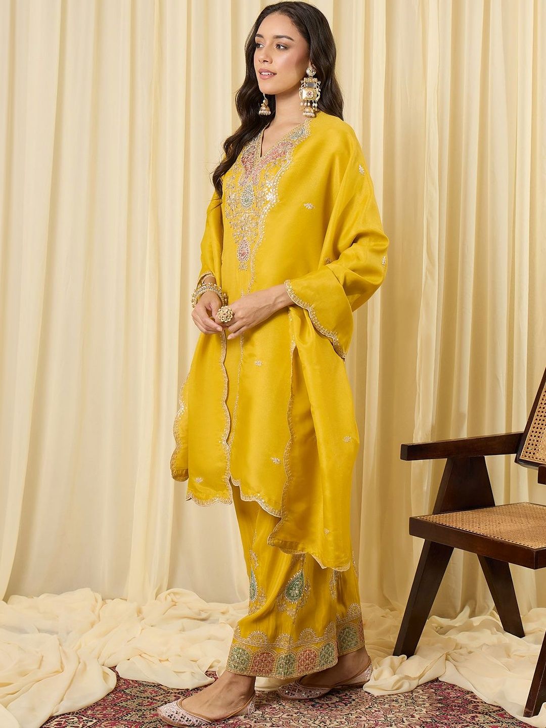 Indyancart IE Women Ethnic Motifs Embroidered Regular Sequinned Kurta with Palazzos & With Dupatta