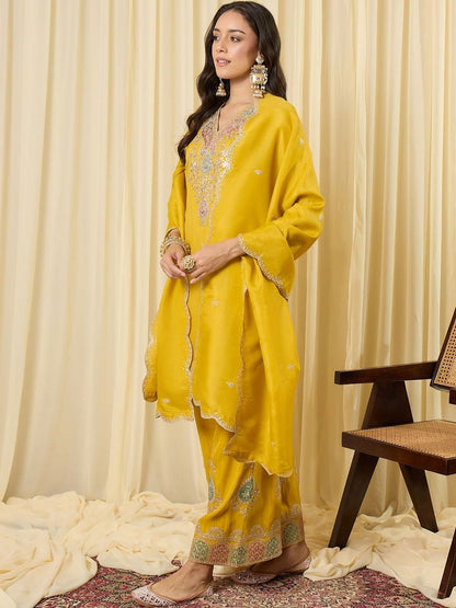 Indyancart IE Women Ethnic Motifs Embroidered Regular Sequinned Kurta with Palazzos & With Dupatta