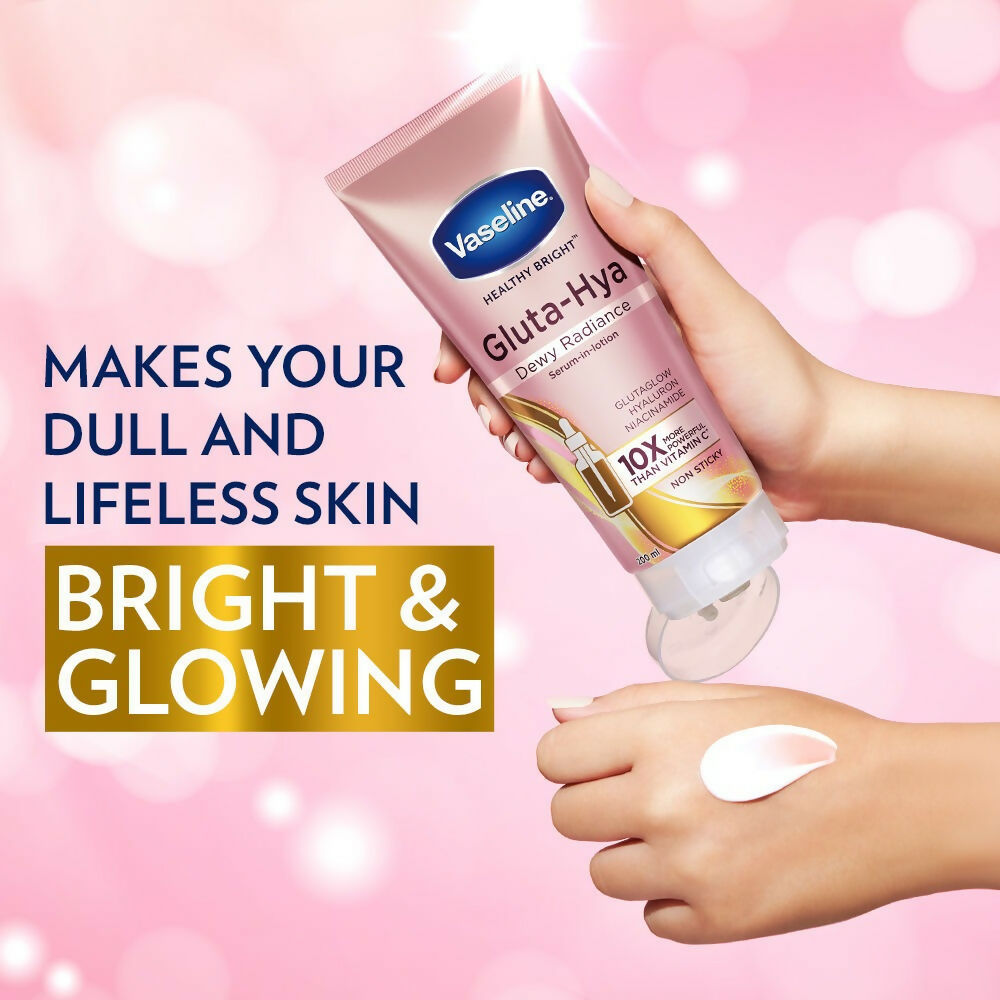 Vaseline Gluta-Hya Dewy Radiance and Overnight Serum-In-Lotion body lotions with hydrating and brightening features, displayed in bottles.