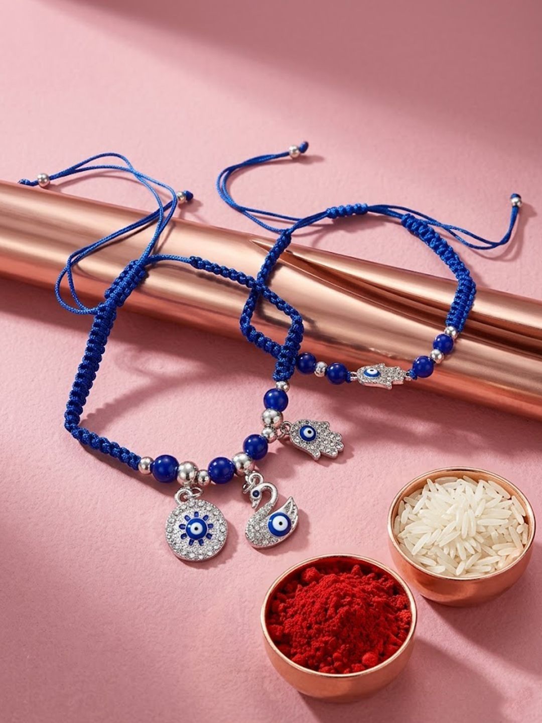 Anouk Set Of 2 Blue & Silver Evil Eye Design Bhaiya Bhabhi Rakhi With Roli Chawal Chandan