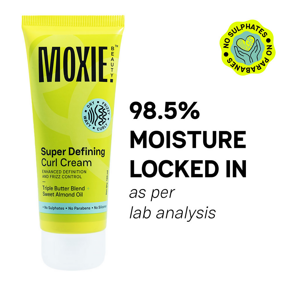 Moxie Super Defining Curl Cream for hair, showing a jar of Moxie hair mask with curl-enhancing formula and vibrant packaging.