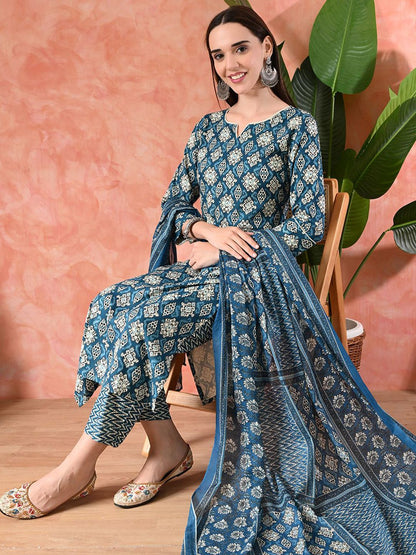 Indyancart SN Women's Printed A-Line Kurta With Trousers & Dupatta