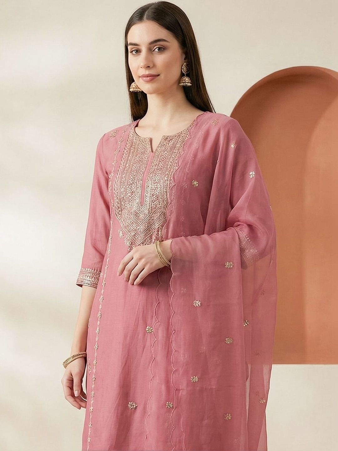 Indyancart IE Women Ethnic Motifs Embroidered Regular Thread Work Kurta with Palazzos & With Dupatta