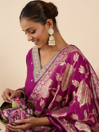 Floral Embroidered V-Neck Regular Straight Kurta With Trousers & Dupatta