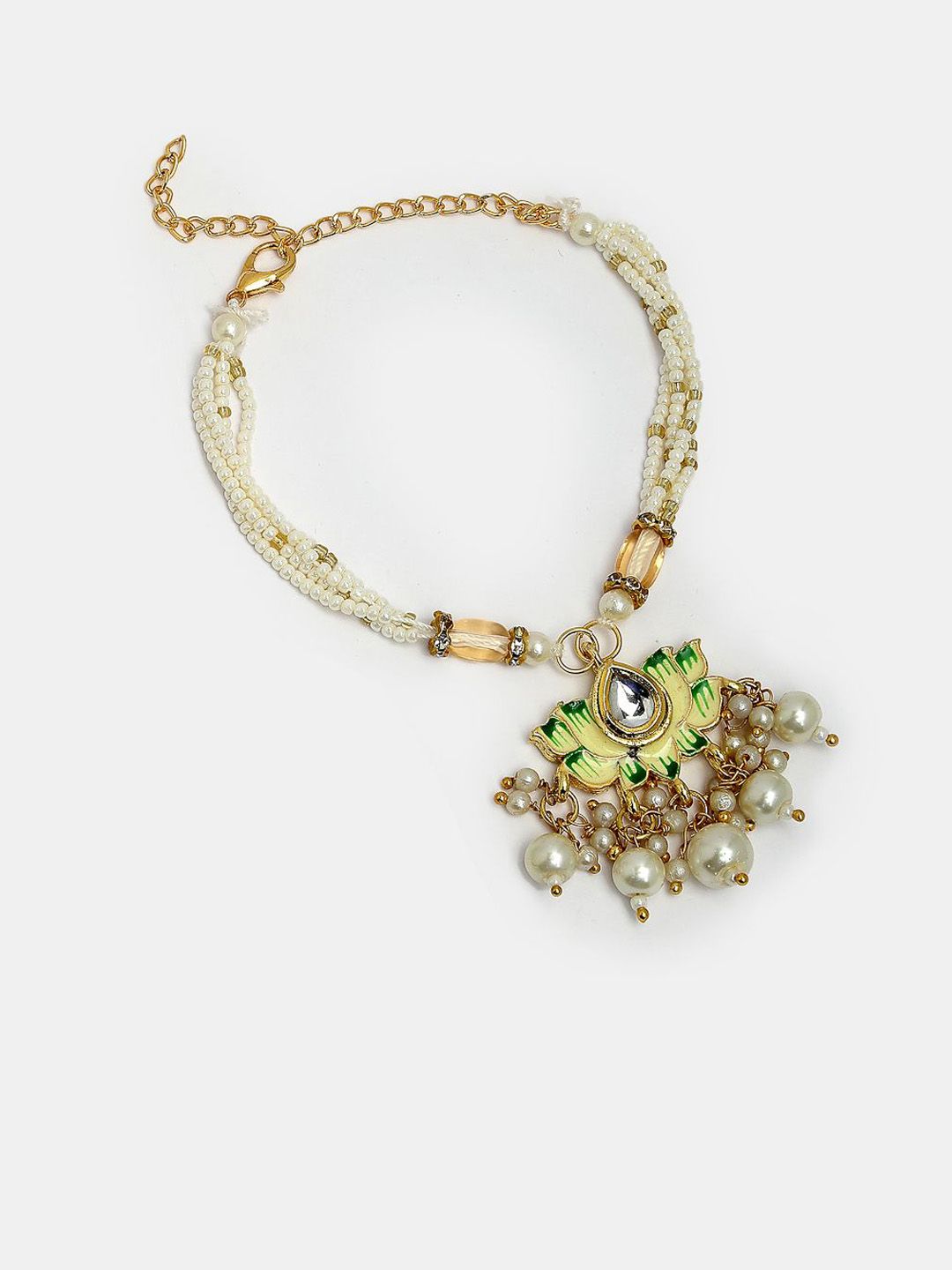 Anouk Unisex Set Of 2 Green Lotus Shape Kundan-Studded & Beaded Wraparound Rakhi Set