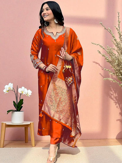 Indyancart SN Women's Embroidered Straight Kurta Pyjama & Dupatta