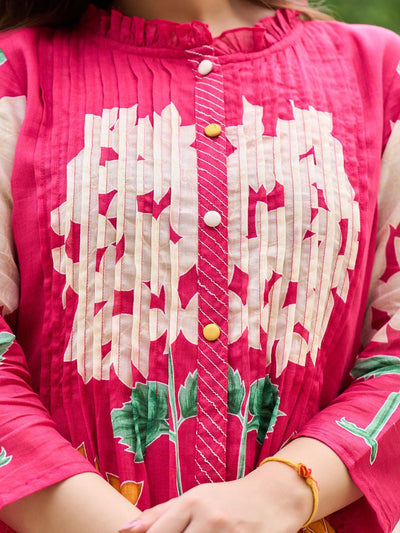 Indyancart IE Floral Printed Pure Cotton Mandarin Collared Tunic With Trousers