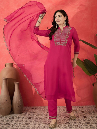 Indyancart SN Women's Floral Embroidered Mandarin Collar Sequinned Straight Kurta Trousers & Dupatta