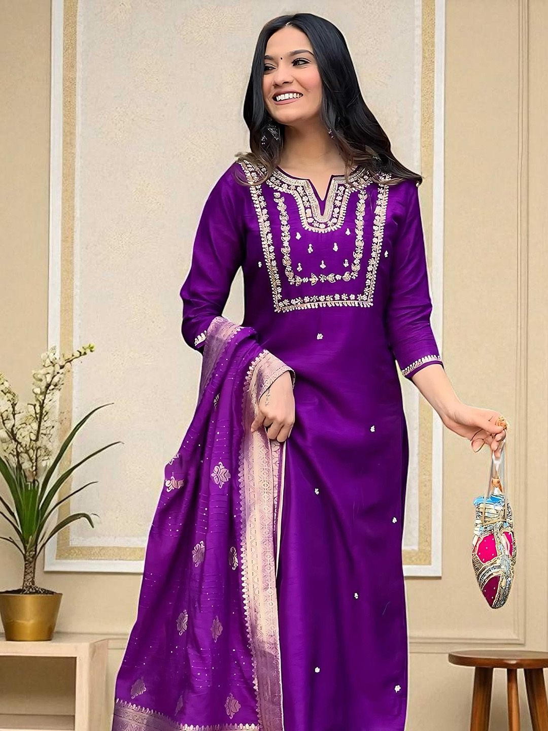Indyancart SN Women's Floral Embroidered Cotton Kurta with Trousers & Dupatta
