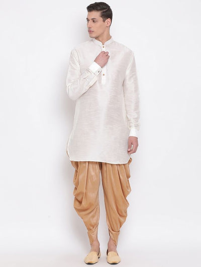Men's Cream Silk Blend Pathani Kurta and Dhoti Set